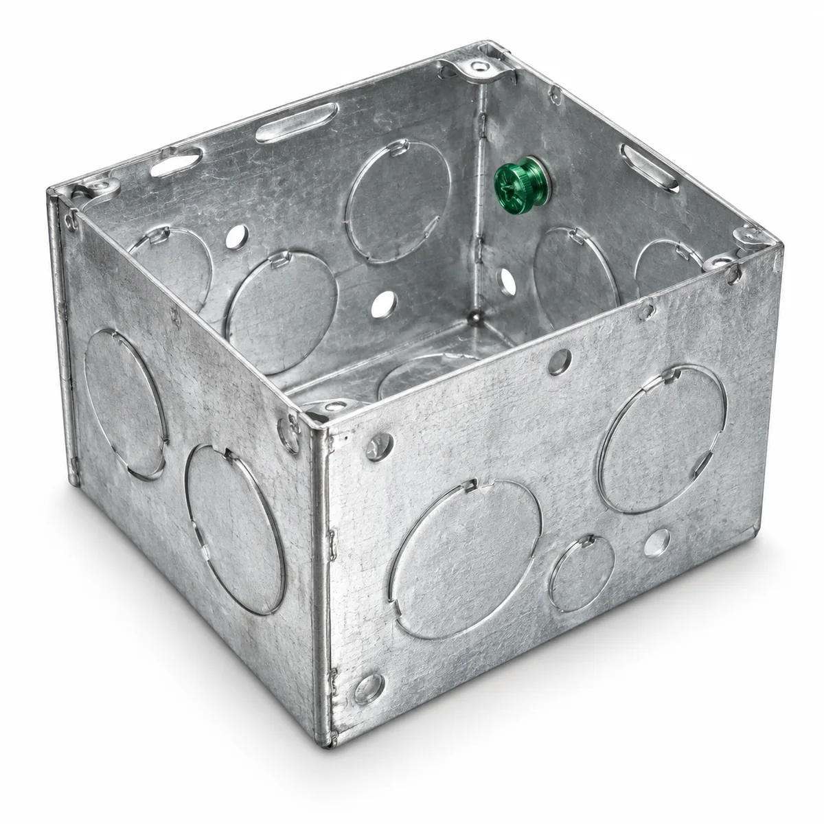 4" Square Box Welded w/ 1/2" & 3/4" KOs, 2-1/8" Depth, w/ Ground Screw (50/case)