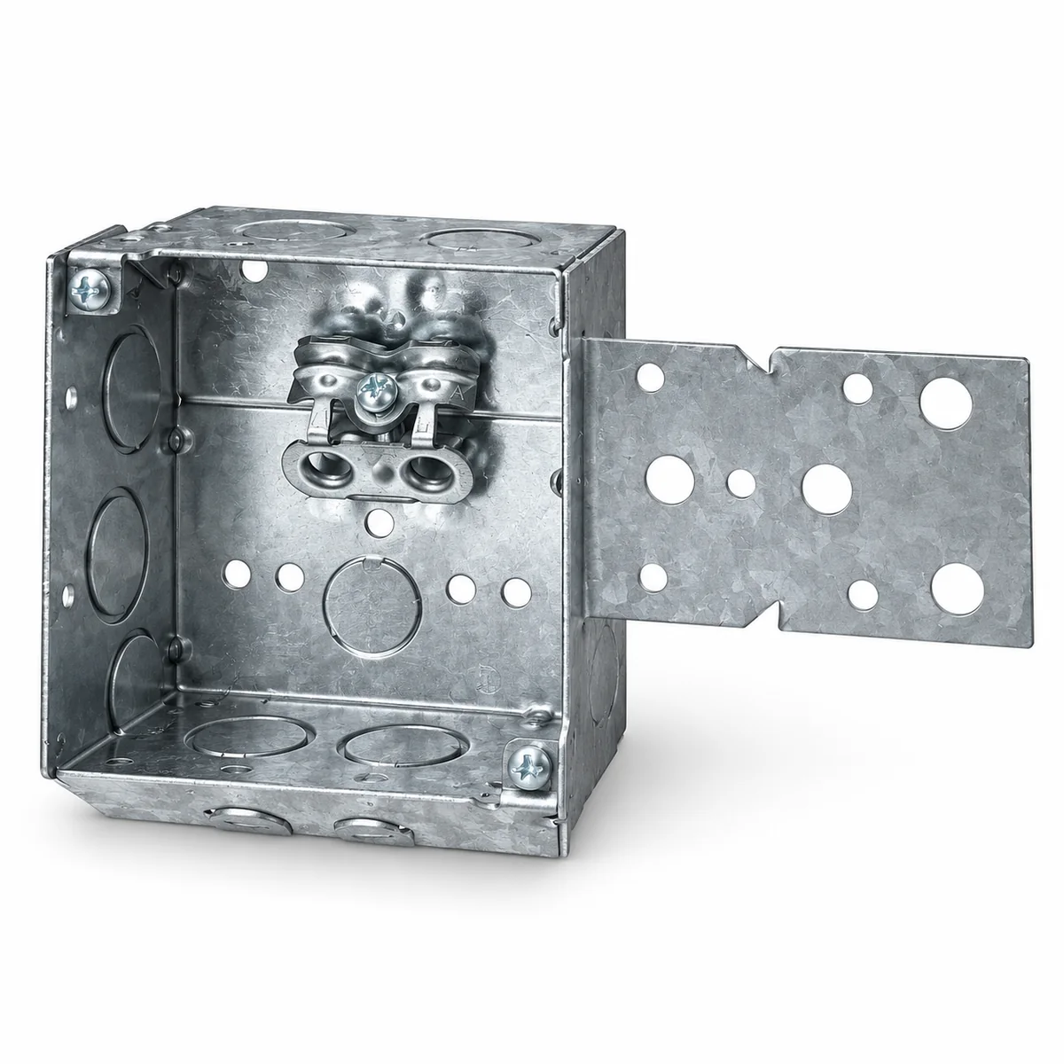 4" Square Box ,2-1/8"Deep,1/2 & 3/4" Side KO,MC/BX Cable clamps Wood studbracket (24/case)